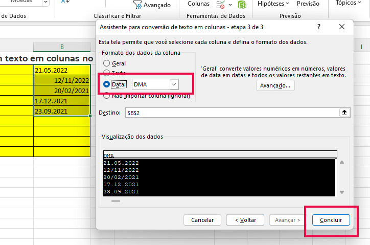 Formato de dados na Coluna da planilha Excel