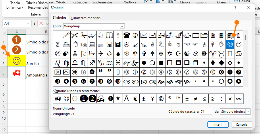 Inserir carinha sorridente na planilha