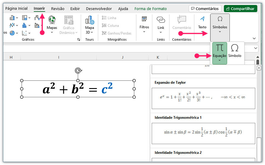Como inserir uma equação na planilha de Excel