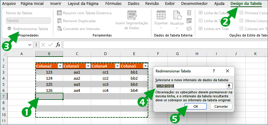 Redimensionar tabela pela guia Design da tabela