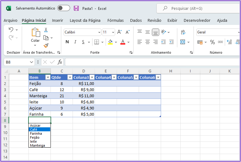 Selecionar dados em uma lista sem ter criado listas suspensas no Excel
