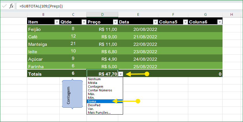 Total e selecione o valor para adicionar uma linha de total