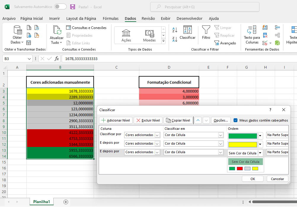 classificar sua planilha pelas cores das células