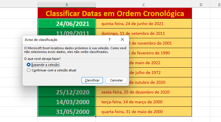 o Microsoft Excel encontrou dados próximos a sua seleção