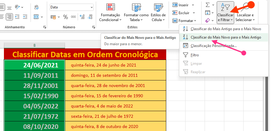 Imagem para classificar datas no Excel