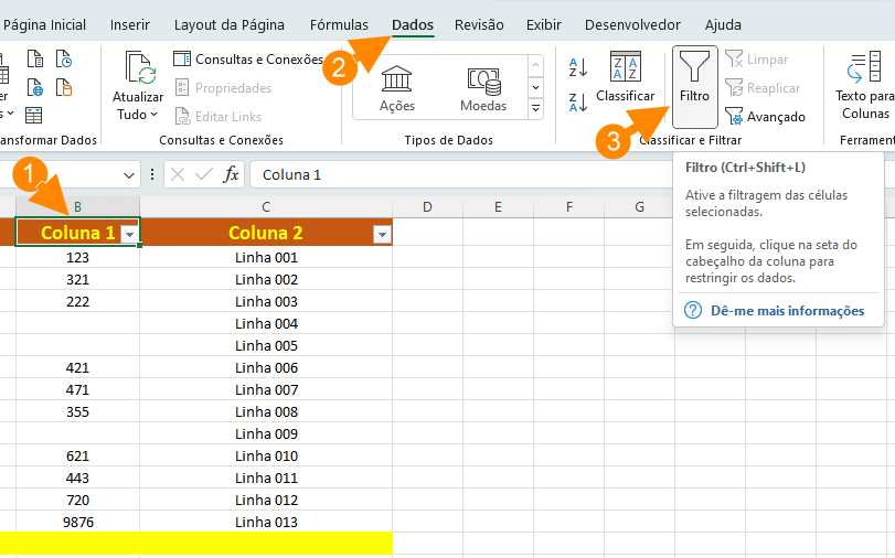 Classificar e Filtrar, clique no botão Filtro