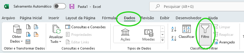 Dados e Filtro no Excel