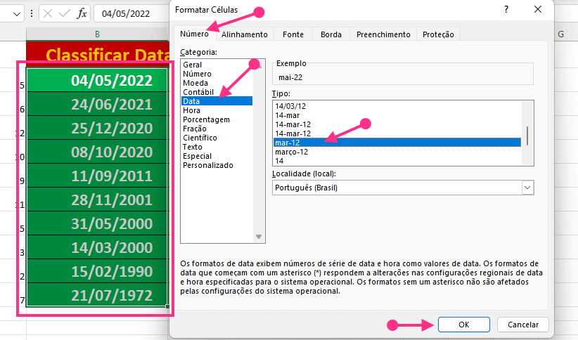 Formatar Células Número e Data