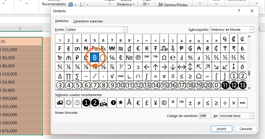 Inserir símbolo de moeda pelo conjunto símbolos