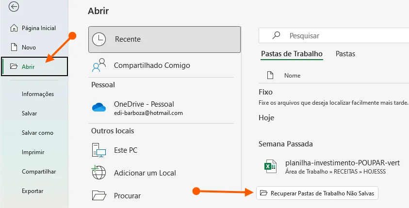 Recuperar Pastas de Trabalho Não Salvas