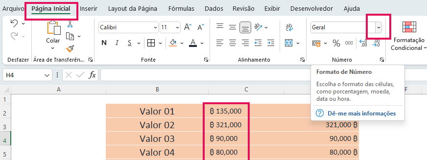 clique na seta do formulário Geral