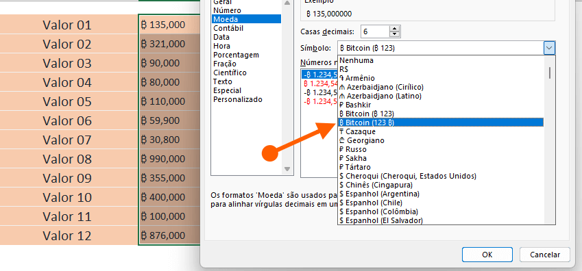 Inserir o símbolo da Criptomoeda Bitcoin no Excel no lado direito dos valores