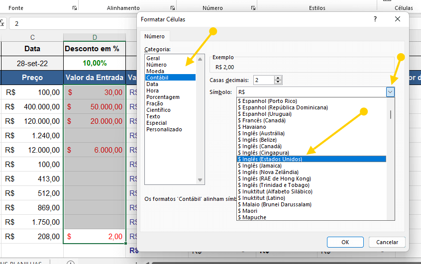 Trocar o símbolo da moeda Real para Dólar ou Euro no Excel