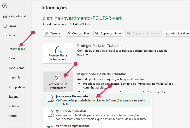 Usando o Inspetor de Documentos no Excel