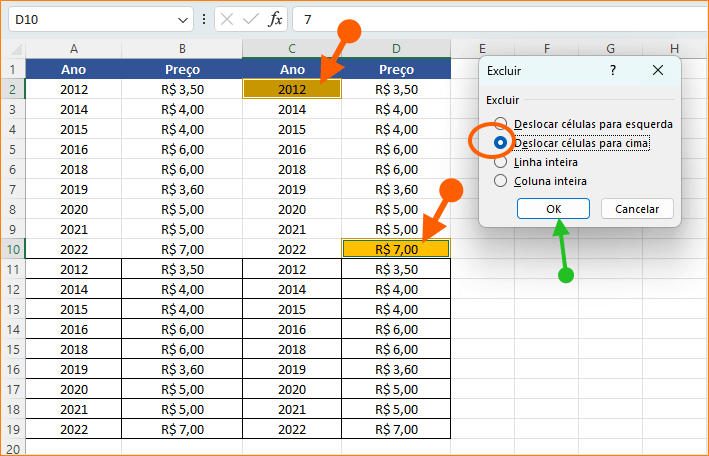 Deslocando células para cima