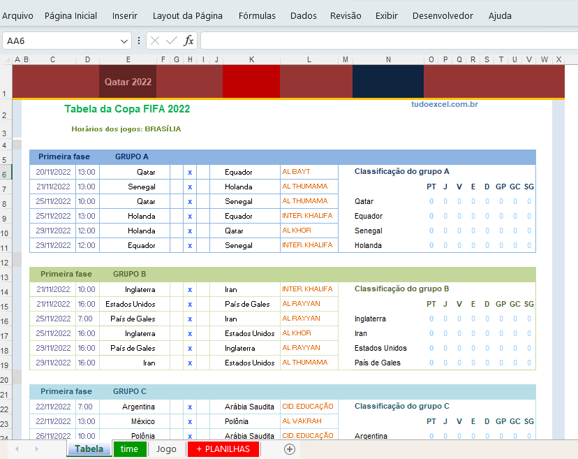 Tabela da Copa do Mundo FIFA 2022 em Excel