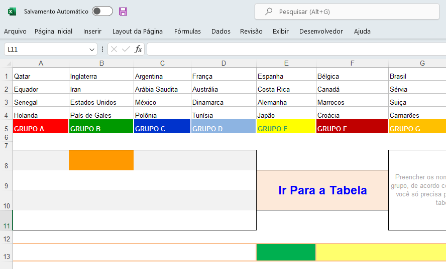 Tabela em excel da Copa do Mundo 2022 [automática] em Excel