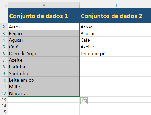 Selecione os dados da coluna A