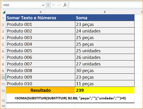 somar células com texto e números diferentes