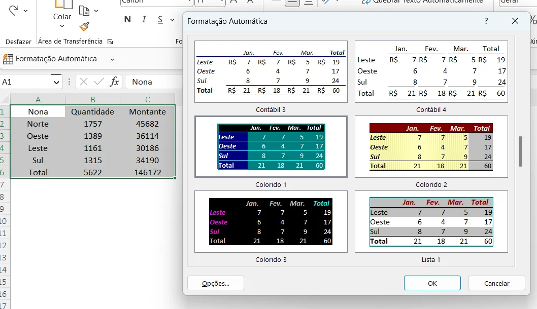 usar a opção Formatação Automática no Excel