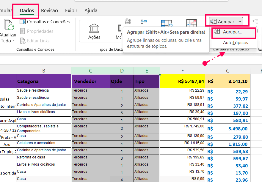 Como agrupar colunas no Excel?