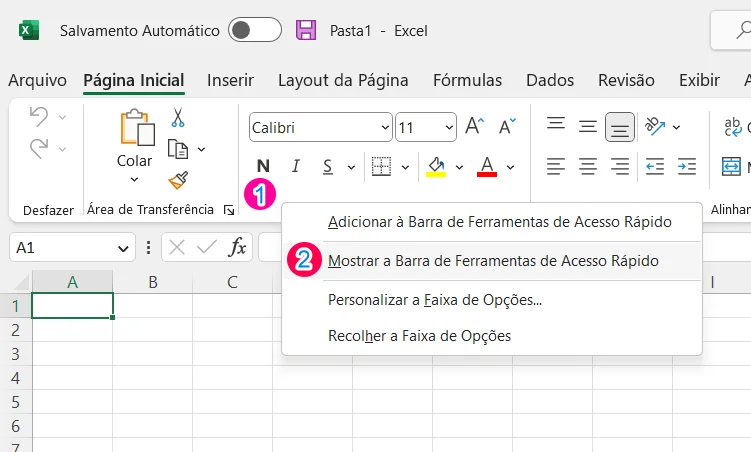 Mostrar ou Ocultar a Barra de Ferramentas de Acesso Rápido