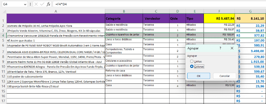 Segundo passo para agrupar colunas no Excel