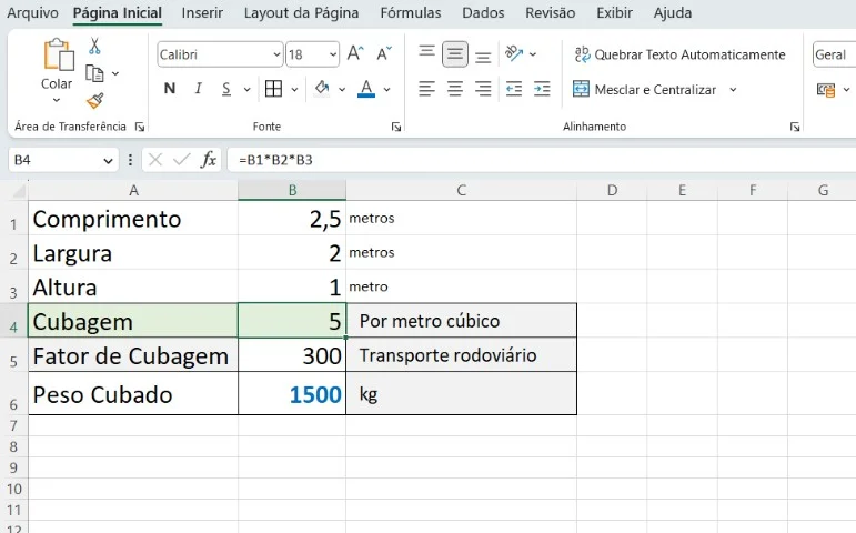 Guia passo a passo para calcular o peso cúbico no Excel