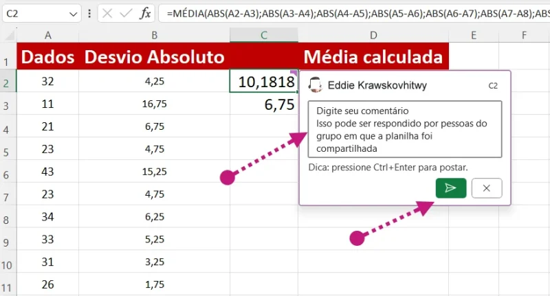 clique em Comentário para adicionar