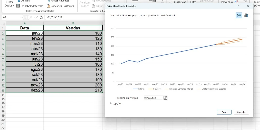 Previsão de vendas na planilha de Excel