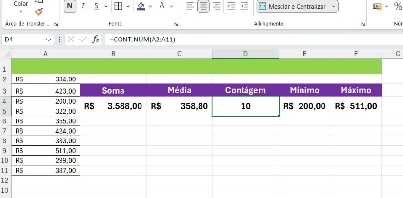 Fórmulas e Funções no relatório do Excel