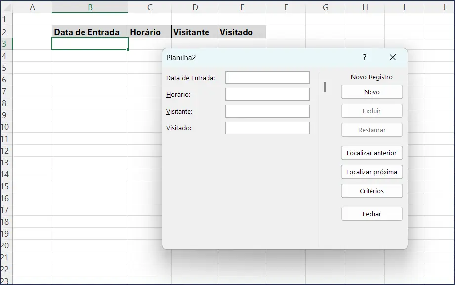 Cabeçalhos da planilha no formulário do Excel