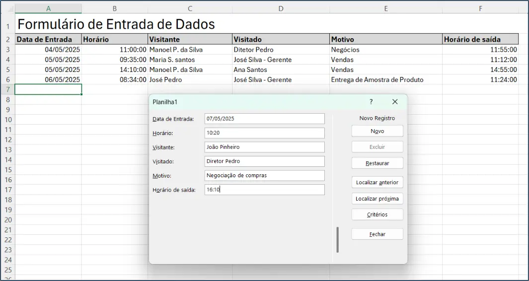 Inserindo dados no Excel pelo formulário