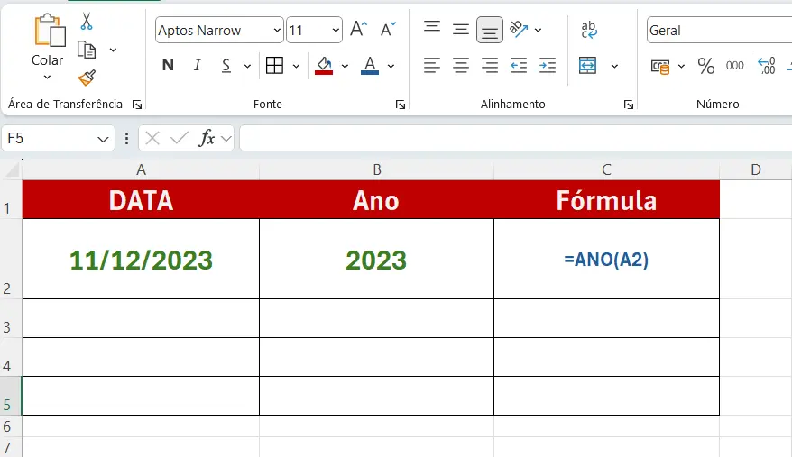 Usar a Função ANO Para Extarir o Ano de Uma data