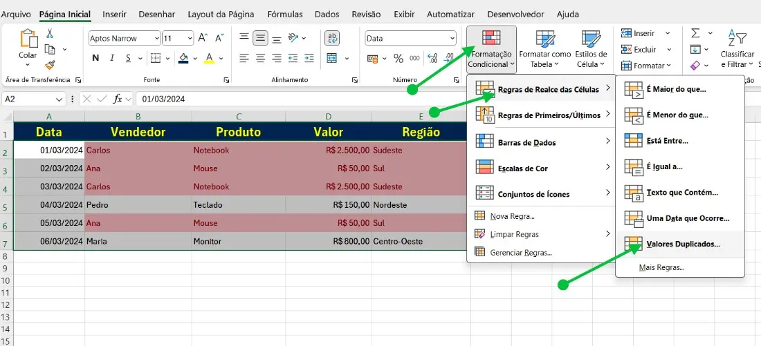 Filtrar valores Duplicados Com Formatação Condicional