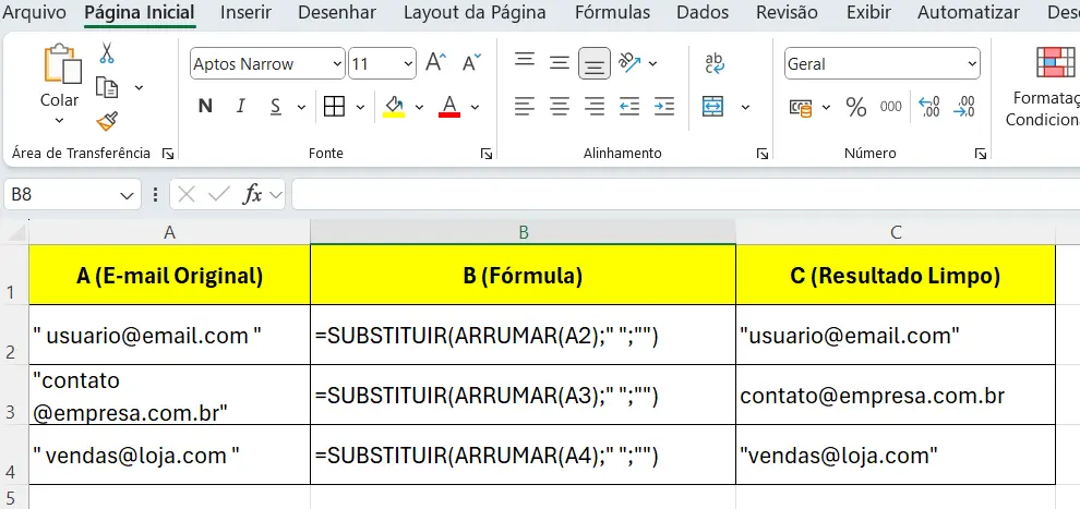 a função ARRUMAR remove os espaços nas extremidades