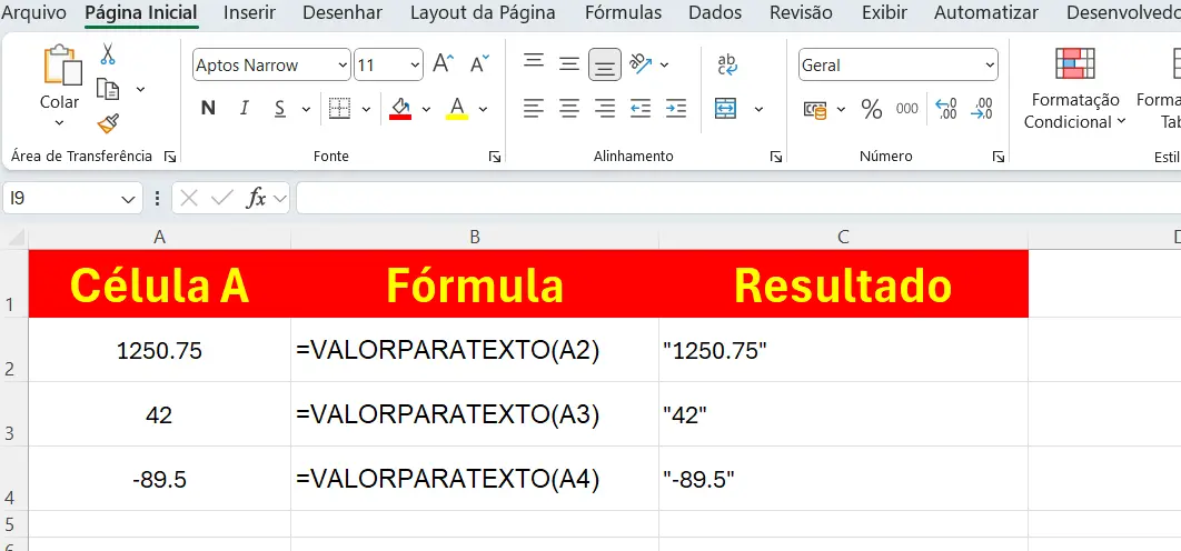 Conversão Básica de Números na função valorparatexto