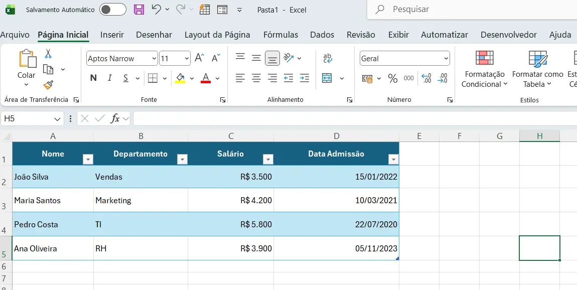 Exemplo Prático de Tabela no Excel