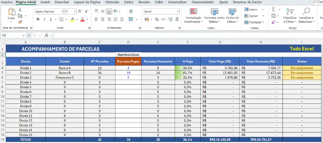 Aba Acompanhamento da Planilha de dívidas