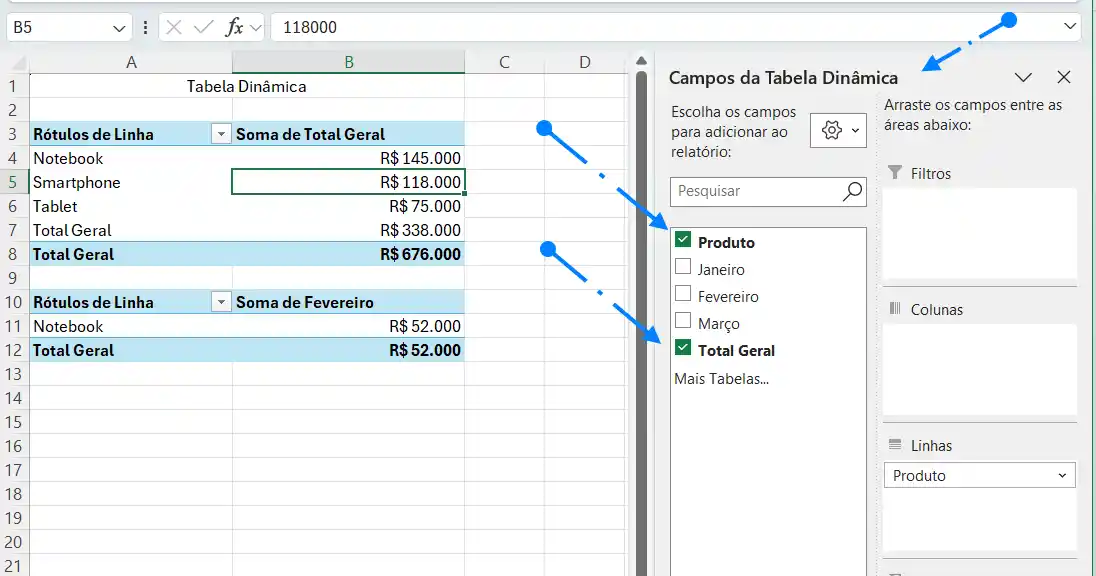 Adicionar campos na Tabela Dinâmica do Excel