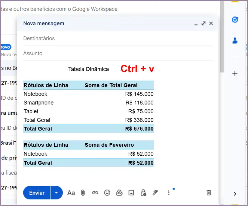 Colar uma tabela do Excel no Gmail Diretamente com Ctrl  C e Ctrl V