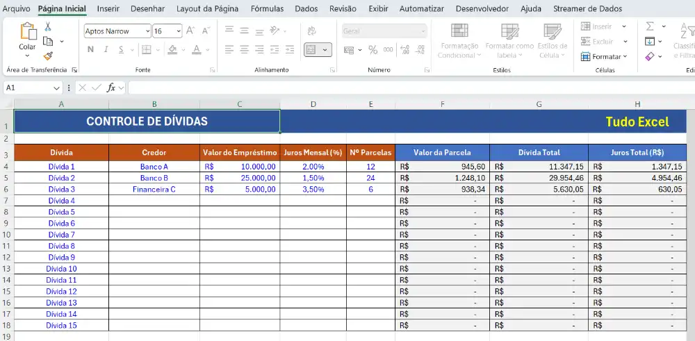 Planilha Controle de Dívidas no Excel