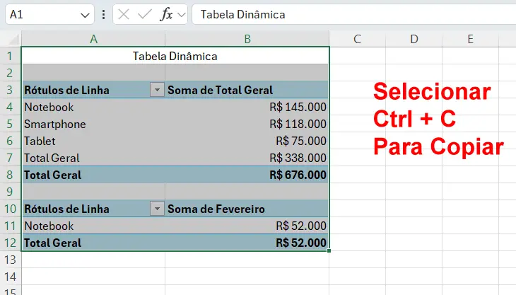 Para Copiar a Tabela de Excel Ctrl + V