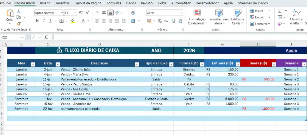 Planilha de Fluxo Diário em Lojas