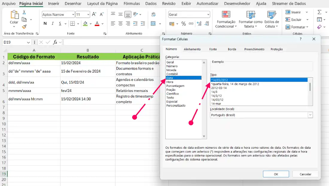 Formatar Células Datas personalizadas