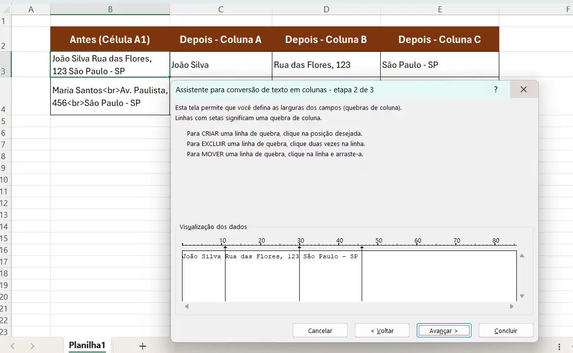 Quebra de Linhas Usando o Recurso Texto para Colunas