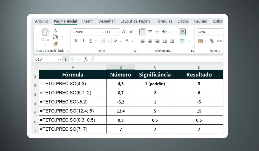 Função TETO.PRECISO no Excel