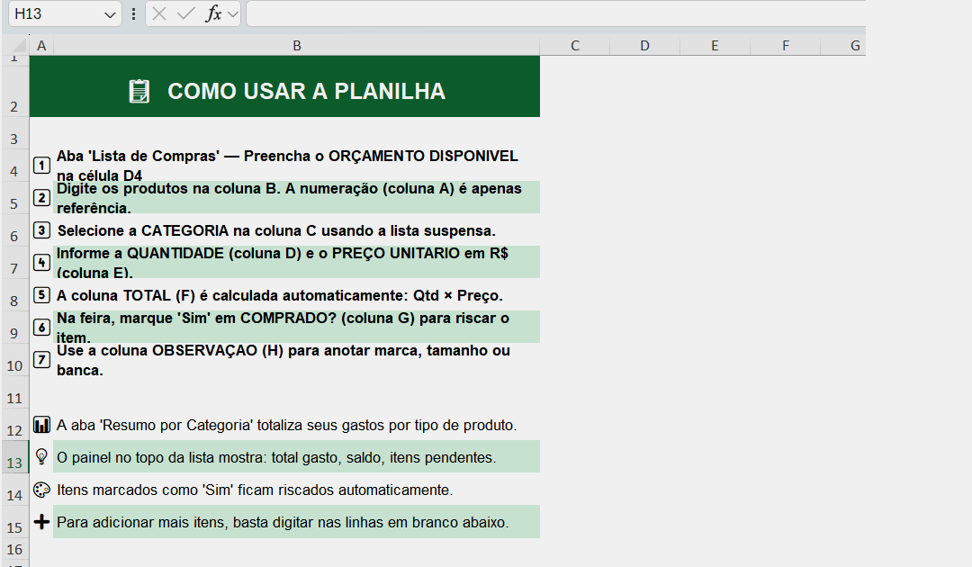 Como preencher a planilha de compras na feira passo a passo
