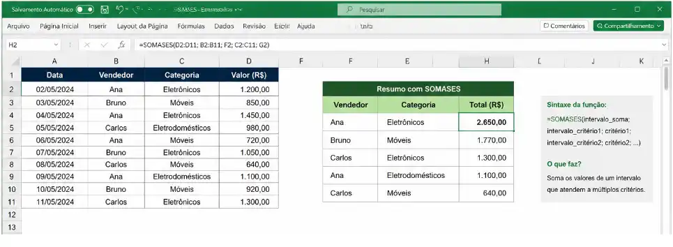 Exemplos Práticos com a Função SOMASES
