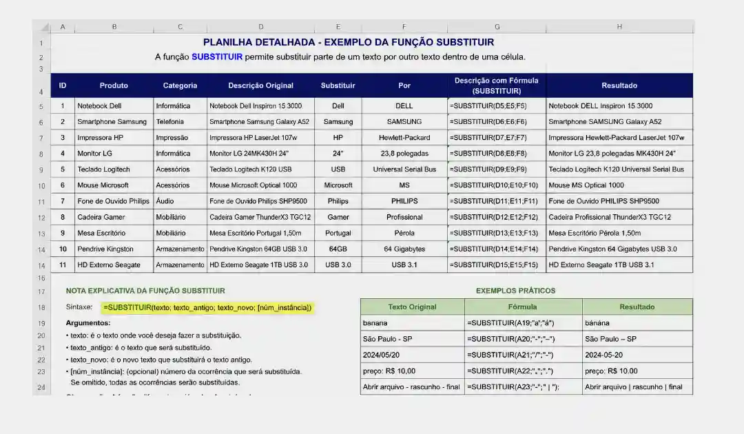 Exemplos Práticos com a Função SUBSTITUIR